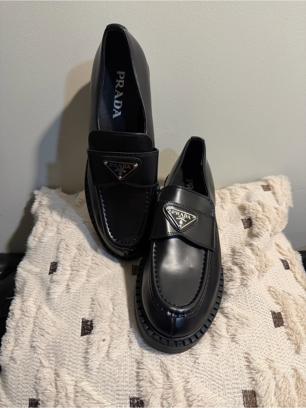 Others Follow Black Leather Loafers with Metal Logo Plaque size 9